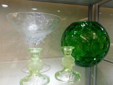 A crackle glass tazza, a large green oval vase & t