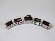 A set of five 14ct white gold tie pins, by Searle