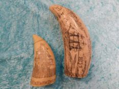 Two reproduction resin Scrimshaw style items