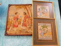 An antique woolwork picture & two others