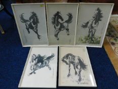 Five framed Chinese horse prints by Xu Beihong
