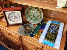 Three stained glass items & two decorative glass i