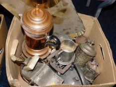 A modern copper kettle, a pewter pot & other metal