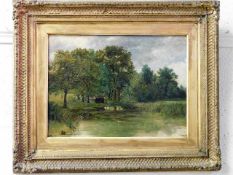 A 19thC. oil on panel depicting small lake & boath