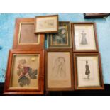 A framed Victorian oak framed pencil sketch, faded