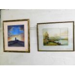 A framed pastel depicting a church & sunset scene