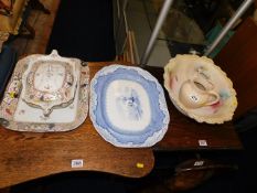 A decorative floral wash bowl, a Victorian tureen & stand, two jugs & a blue & white meat dish