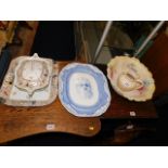 A decorative floral wash bowl, a Victorian tureen & stand, two jugs & a blue & white meat dish