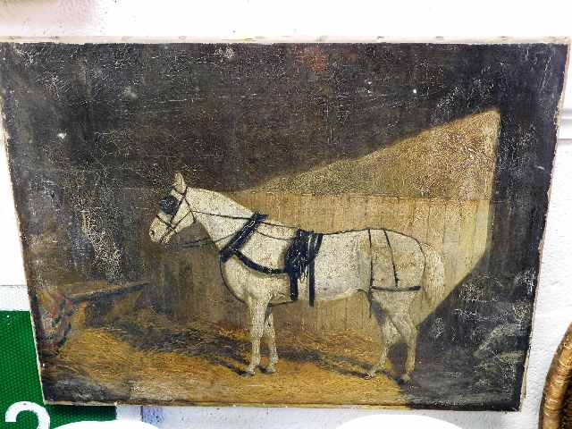 A 19thC. oil on canvas of horse in stable