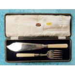 A cased handled fish knife & fork set