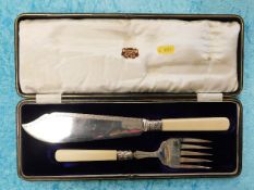 A cased handled fish knife & fork set