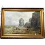 A large framed c.1900 oil painting of Marsden Rock