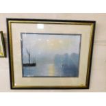 A framed painting of estuary scene in mist indisti
