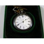 A silver pocket watch with original case, cracked