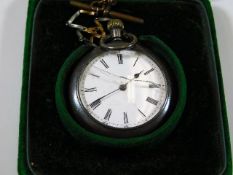 A silver pocket watch with original case, cracked