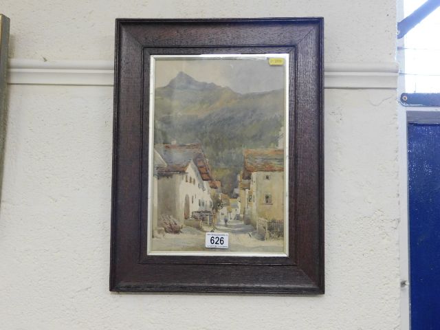 An oak framed continental watercolour of rural vil