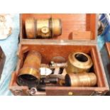 A boxed quantity of brass lenses & other related p