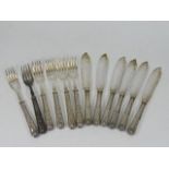 A set of six fish knives & forks with silver Kings