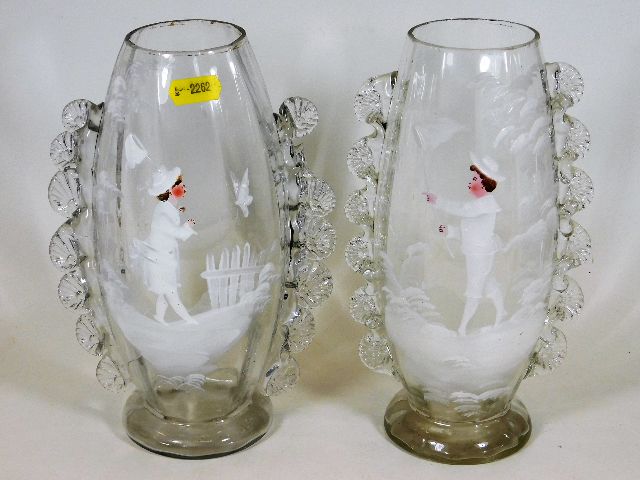 A pair of 19thC. Mary Gregory style vases, one a/f