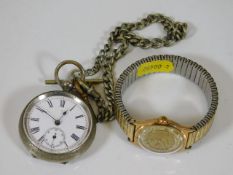 A pocket watch twinned with a gold plated wristwat