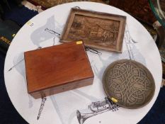 A decorative Celtic dish, a wooden box & a carved
