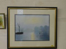 A framed painting of estuary scene in mist indisti