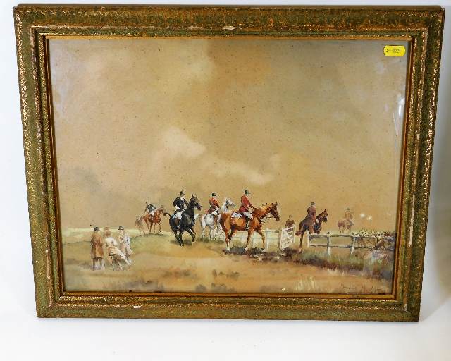 A framed early 20thC. watercolor of hunt scene by