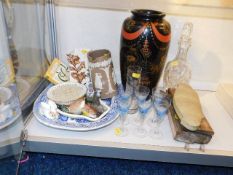 A brown jasperware jug, six blue champagne glasses