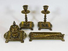 A Victorian brass writing set