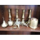 Two pairs of brass candlesticks & a small quantity