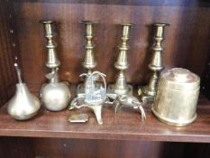 Two pairs of brass candlesticks & a small quantity