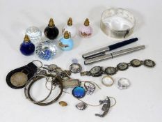 A small quantity of silver items, two pens & other