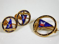 A 9ct gold enameled pennant earring & brooch set d