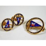 A 9ct gold enameled pennant earring & brooch set d