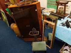 A glass fronted retro corner cabinet, three mirror