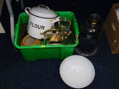 An enamel flour tin, a Spode bowl, a small compani