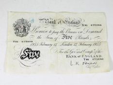 A 1955 L. K. O'Brien white £5 bank note