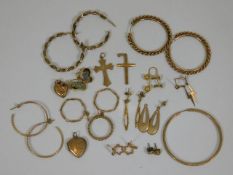 Nine pairs of 9ct gold earrings, two lockets, two