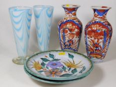 Two decorative Imari style vases, a pair of stonew