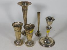 Two silver vases, two silver posy holders & a silv