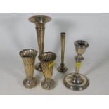 Two silver vases, two silver posy holders & a silv