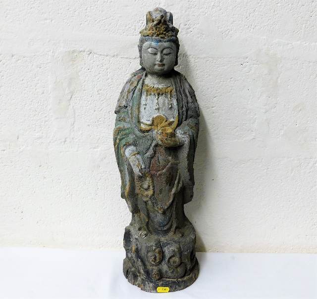 A large Chinese carved wooden polychrome Buddha fi