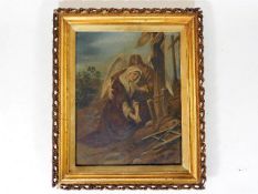 A 19thC. oil on panel depicting mournful woman & w