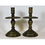 A substantial pair of ecclesiastical style brass candle holders, possibly of Dutch origin, 11.5 high