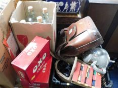 A leather case, four wine bottles, three Oxo tins,