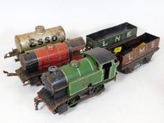 A Hornby tinplate clockwork engine, one other & th