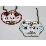Two enamelled drinks decanter labels