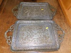 A pair of Asian inlaid metal trays