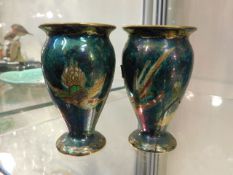 A pair of Wedgwood style lustreware vases, one a/f