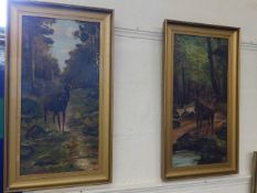 Two framed oils featuring deer in landscape